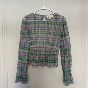 Anthropologie Sheer Metallic Ruffle Sleeve Top